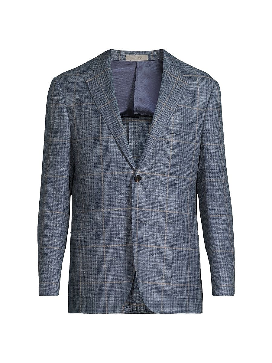 Men's Plaid Single-Breasted Sport Jacket - Blue Camel - Size 48