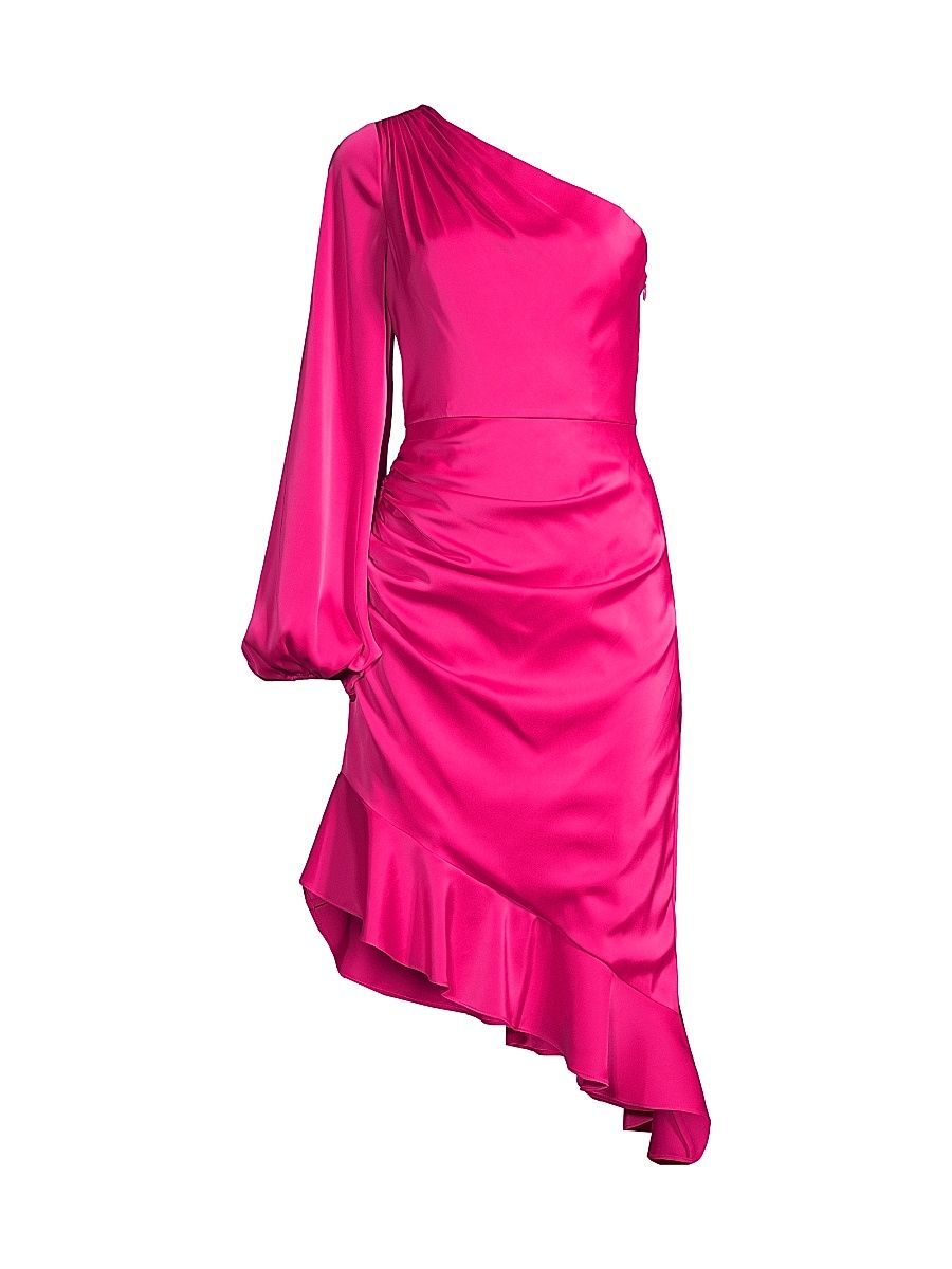 Women's One-Shoulder Satin Midi-Dress - Hot Pink - Size 12