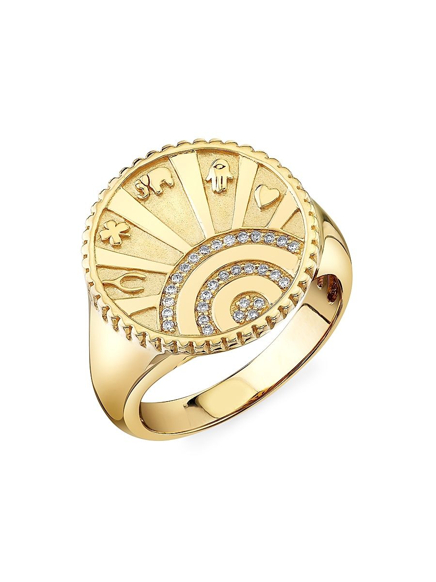 Women's Lucky Coin 14K Yellow Gold & 0.09 TCW Diamond Signet Ring - Yellow Gold - Size 6.5