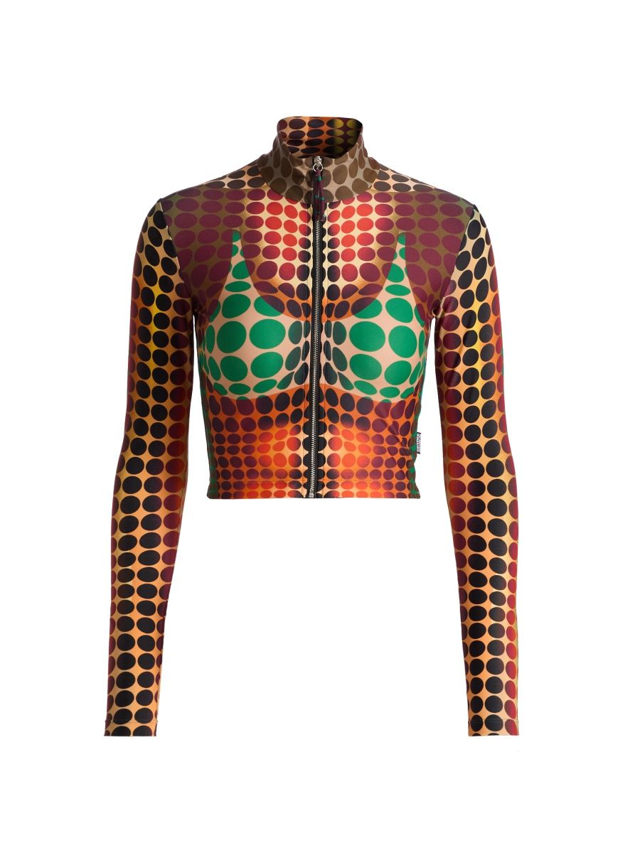 Jean Paul Gaultier Women's Dot-Print Long-Sleeve Crop Top - Orange Blue Brown - Size XS