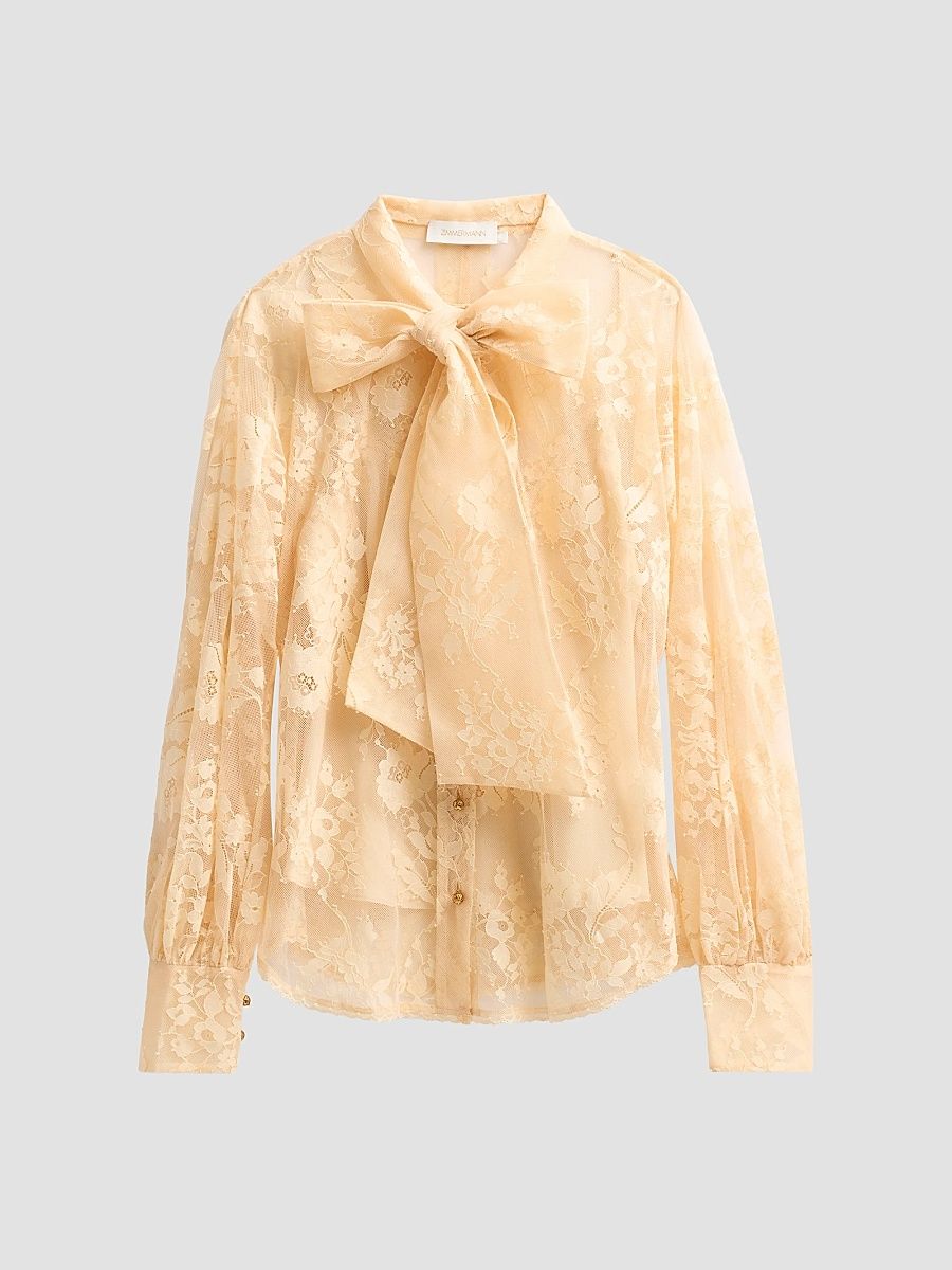 Women's Valiant Lace Pussy Bow Blouse - Sand - Size 10