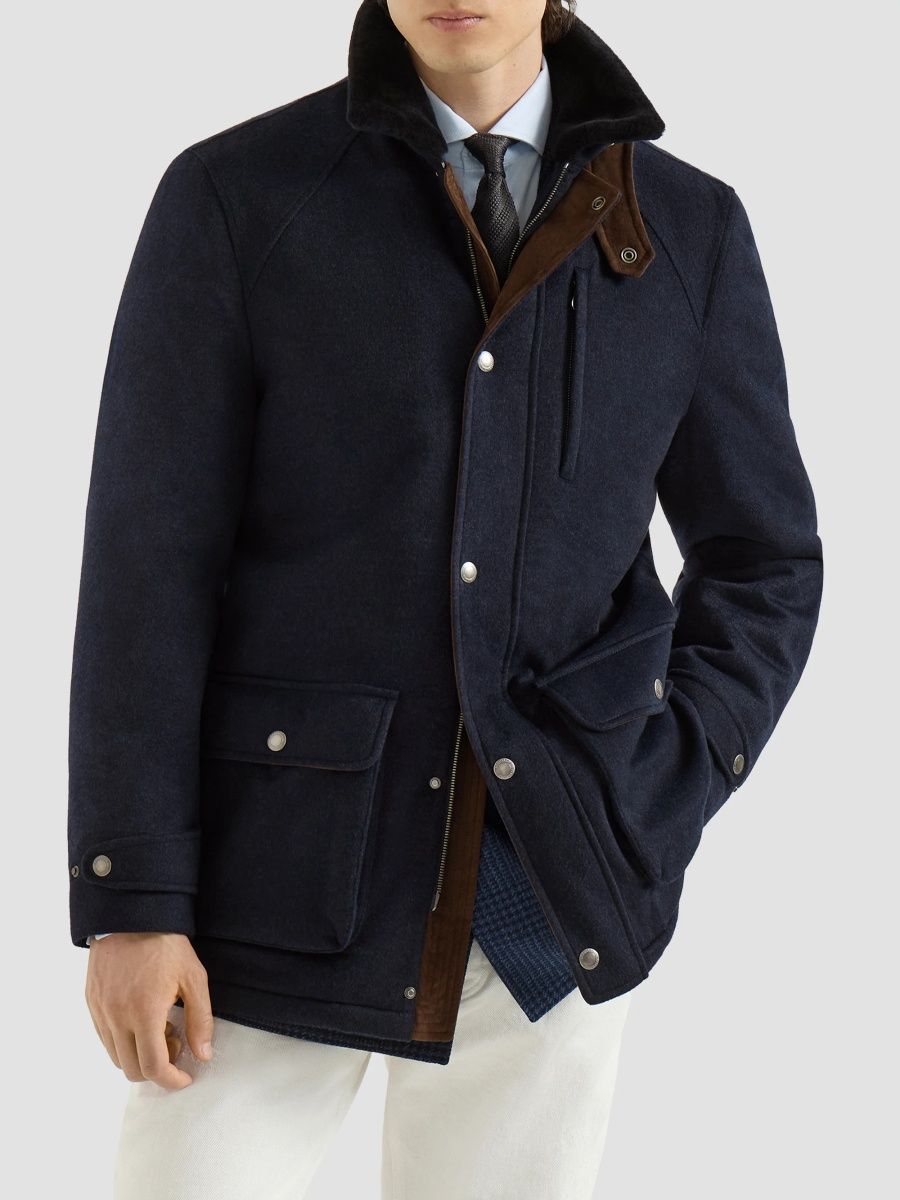 Brunello Cucinelli Men's Bonded Cashmere Beaver Cloth Field Jacket - Navy Blue - Size 50