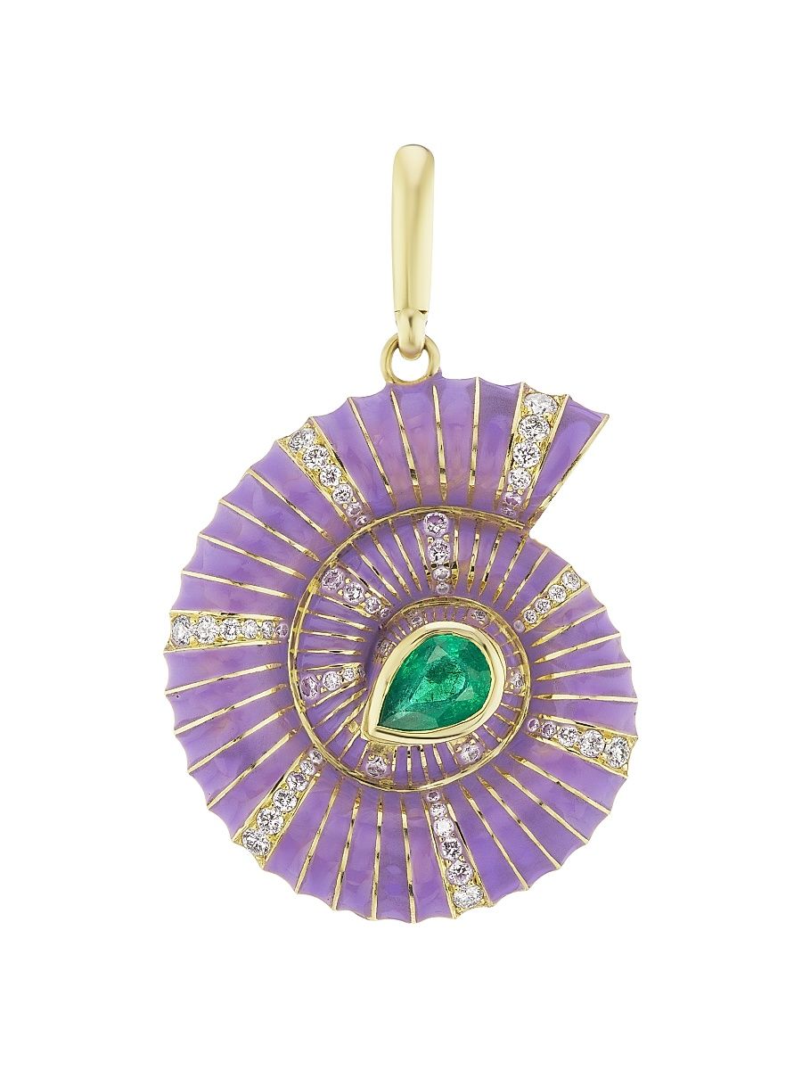 Women's 18K Yellow Gold, Lavender Enamel, Diamond & Muzo Emerald Shell Charm