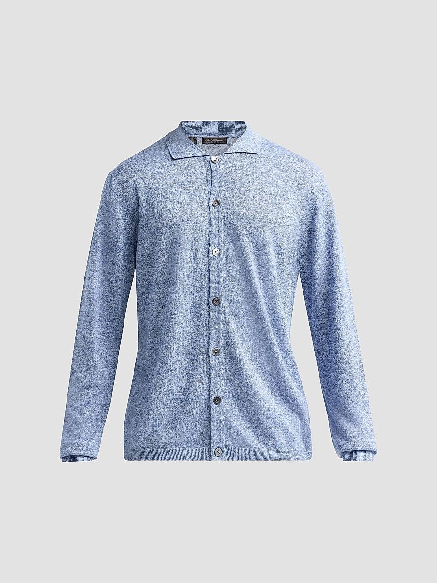 Men's Linen-Cotton Shirt-Style Cardigan - Light Blue - Size XXL