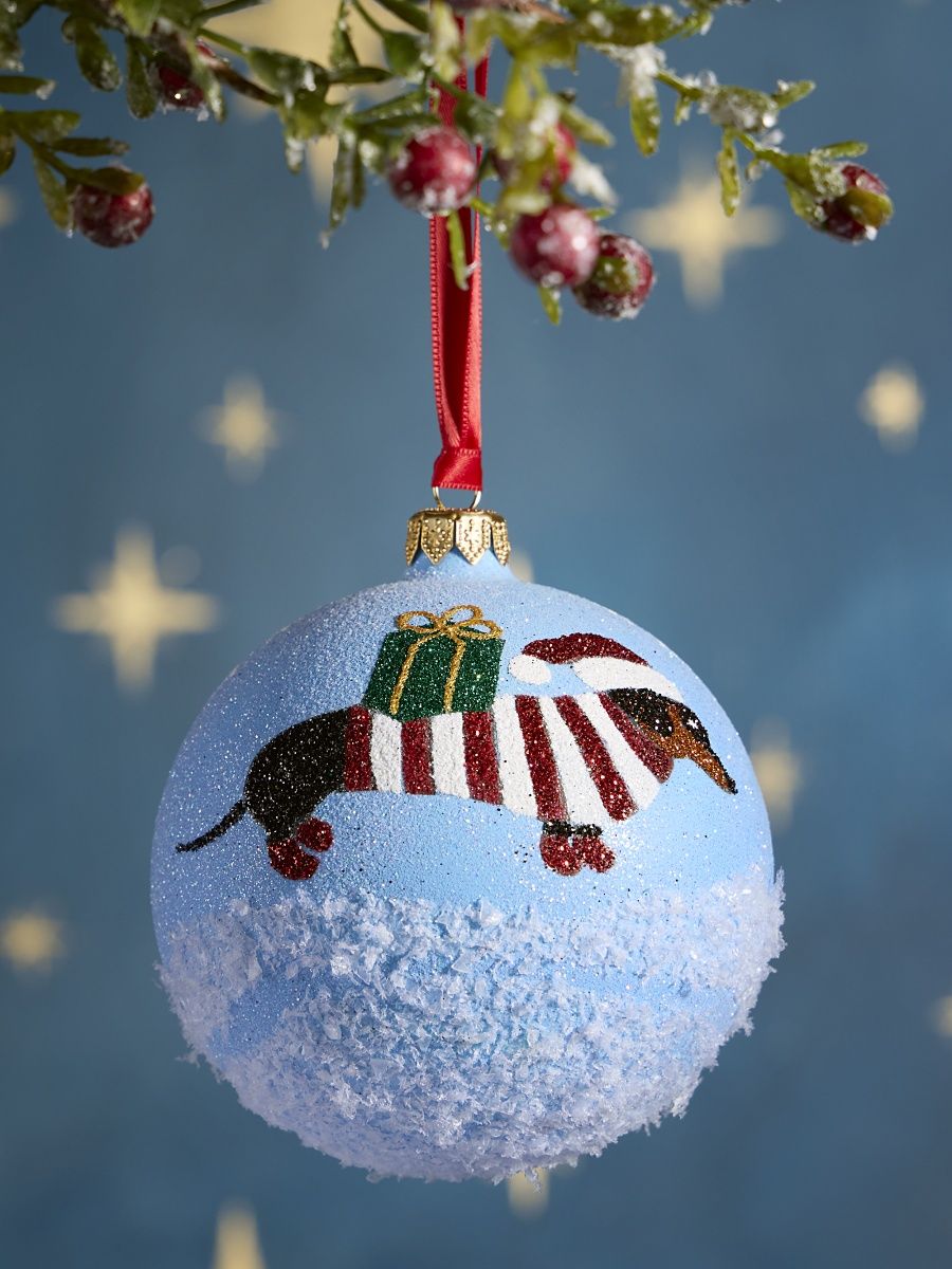 Dachshund Through the Snow Glass Ornament
