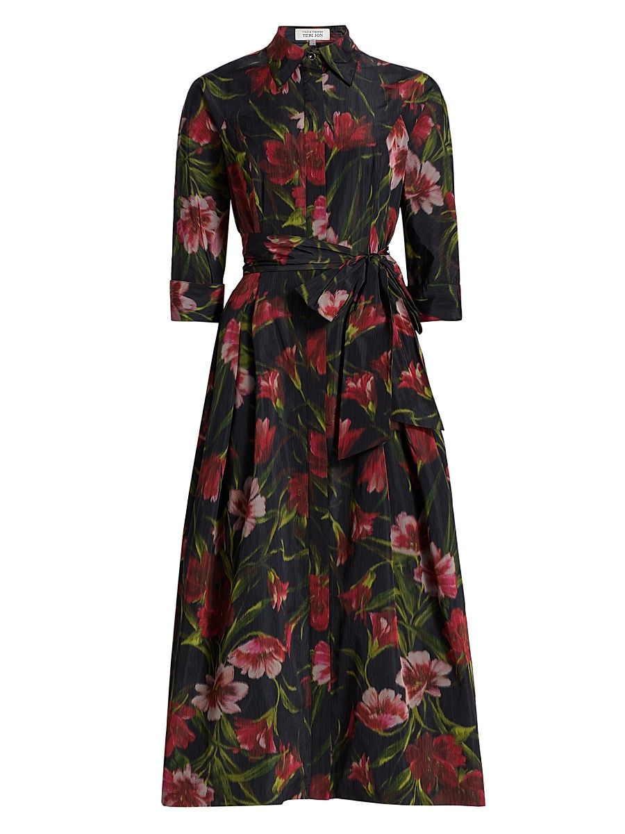 Women's Floral Faille Midi-Shirtdress - Black Multi - Size 18