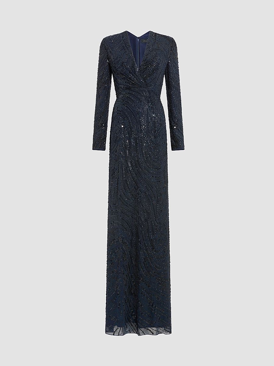 Jenny Packham Women's Arizona Sequined Chiffon A-Line Dress - Ink - Size 14
