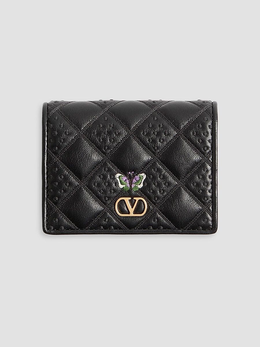 Women's Flutterby Wallet in Shiny Nappa Leather with Butterfly Embroidery - Black