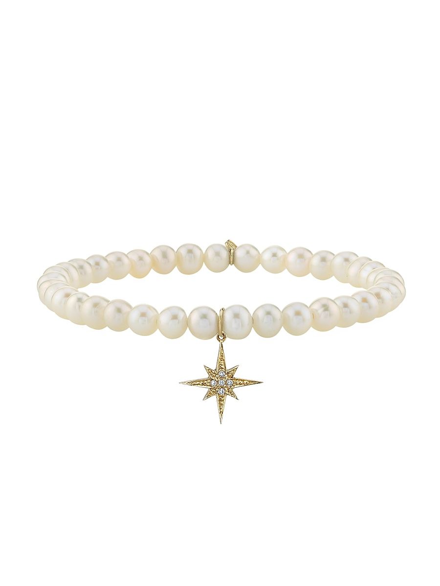 Women's 14K Yellow Gold, 5MM Pearl & Diamond Starburst Charm Bracelet - White - Size 7