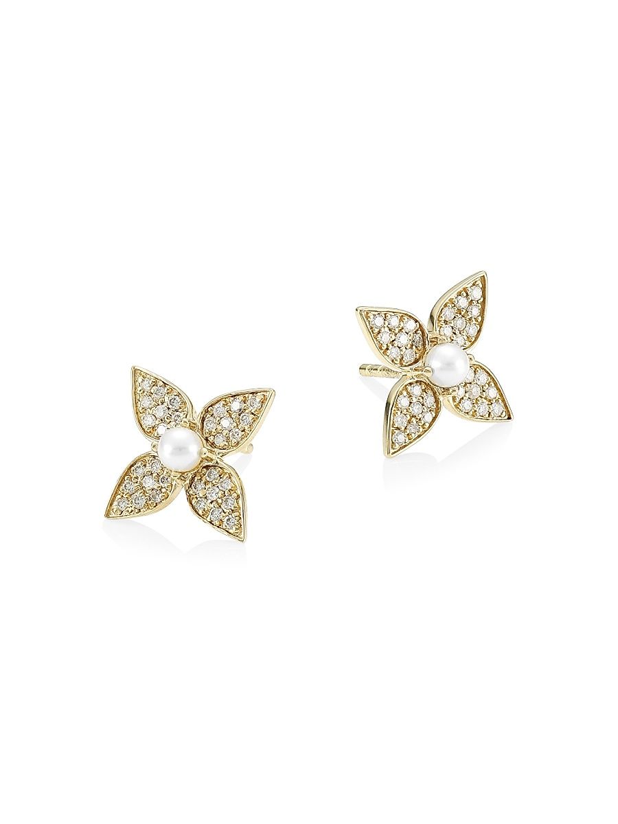 Women's 14K Yellow Gold, 2.5MM White Pearl & Diamond Paisley Flower Stud Earrings