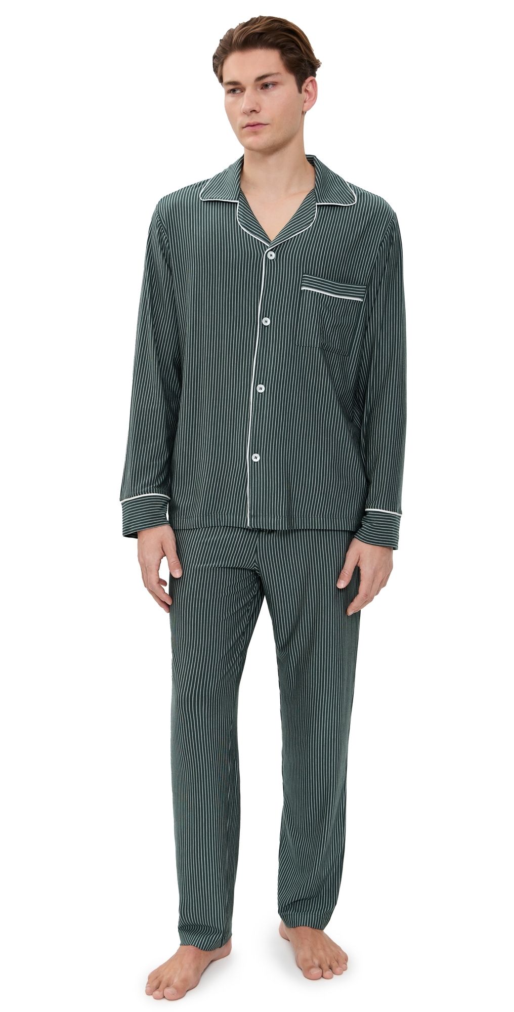 Eberjey William Printed Long Pajamas Set Duo Stripe Pine/Ivory L