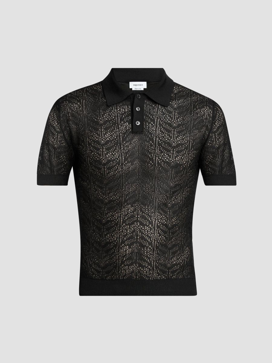 McQueen Men's Moth Lace Short-Sleeve Polo Shirt - Black - Size 44
