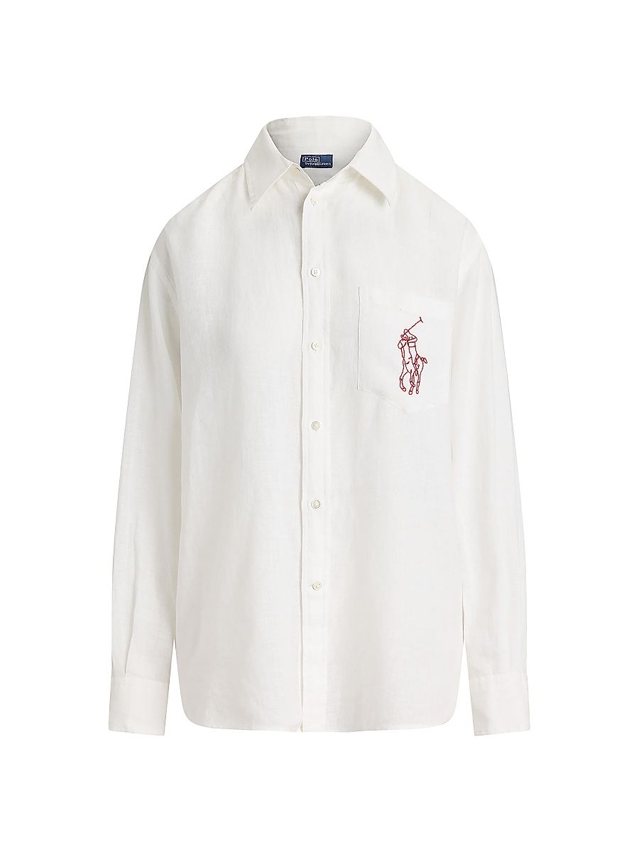 Women's Logo Linen Oversized Button-Front Shirt - Classic Oxford White - Size Large
