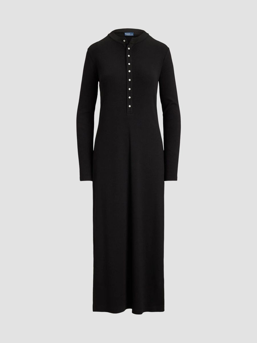 Polo Ralph Lauren Women's Wool-Blend Rib-Knit Henley Midi Dress - Black - Size Large