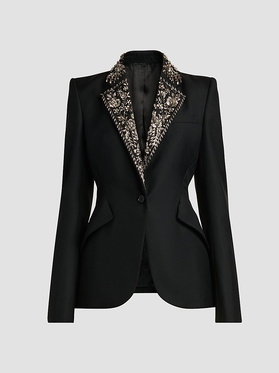 Women's Floral-Embellished Wool One-Button Blazer - Black - Size 10