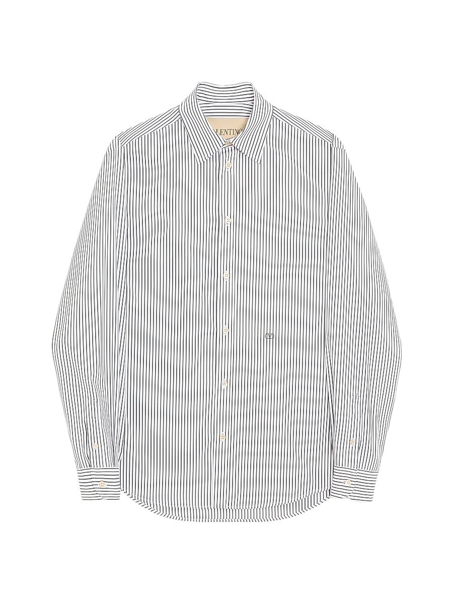 Men's Cotton Poplin Shirt with Striped VLogo Embroidery - Ivory Green - Size 16