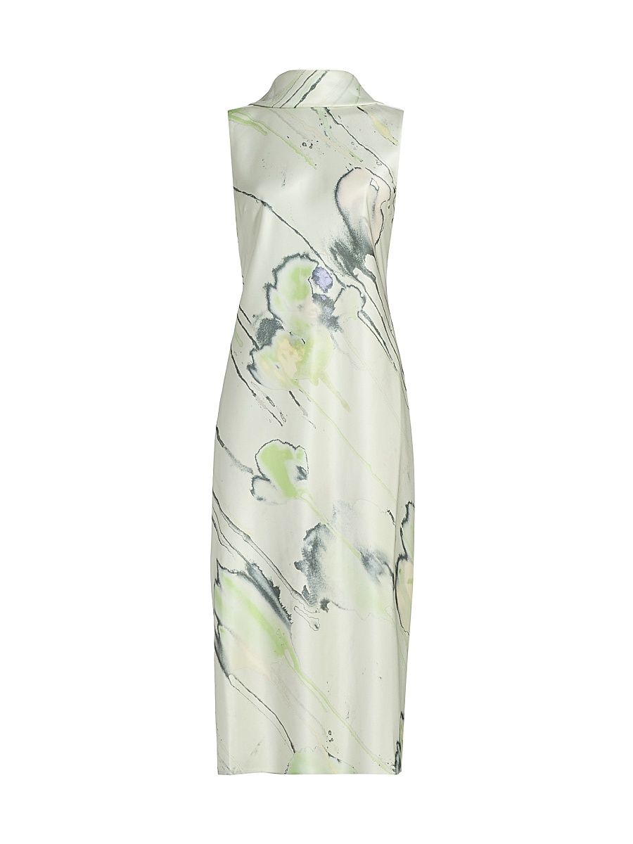 Women's Watercolor Floral Bias-Cut Scarf Midi-Dress - Light Jade Multi - Size 14