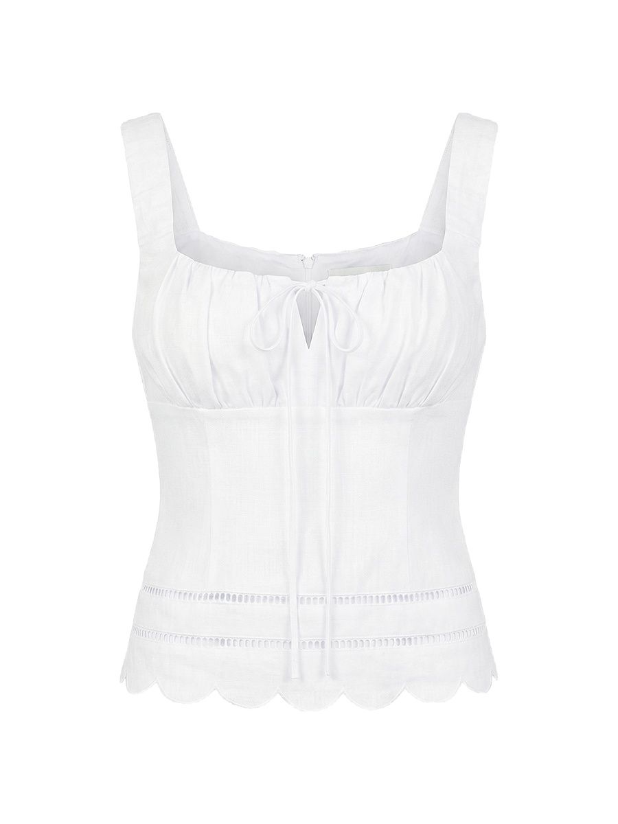 Women's Ebba Linen Latice-Trim Babydoll Top - Ivory - Size 12