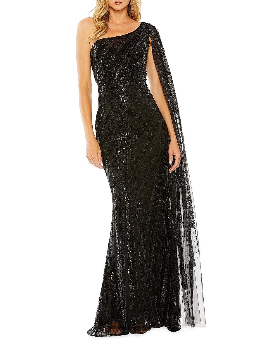Women's Asymmetric Sequined Gown - Black - Size 16