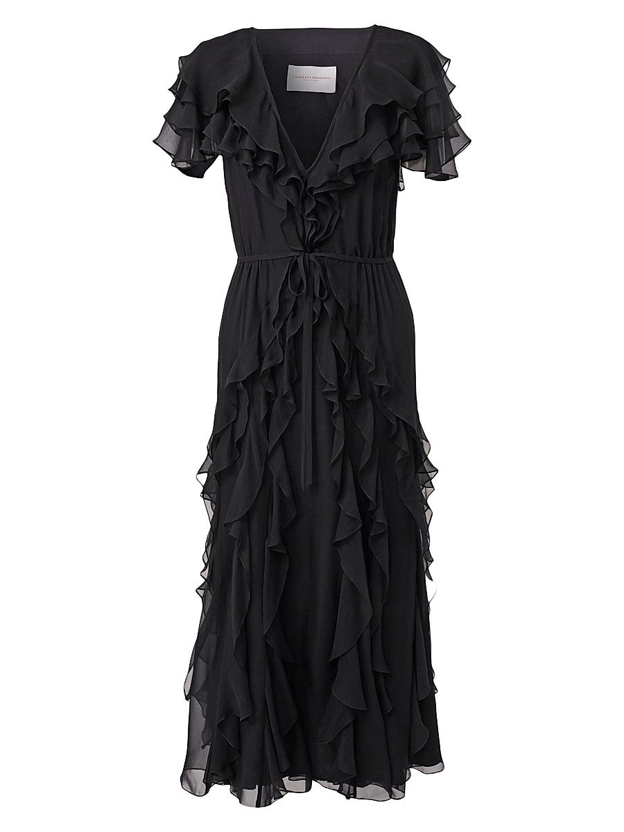 Women's Ruffled Silk V-Neck Midi-Dress - Black - Size 12