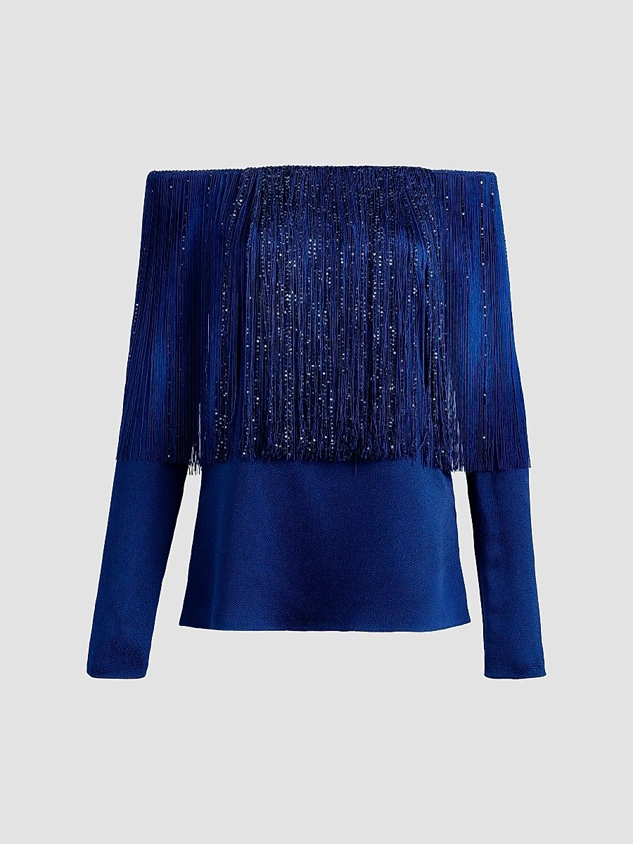 Silvia Tcherassi Women's Belinda Metallic Fringe Off-the-Shoulder Blouse - Navy - Size XL