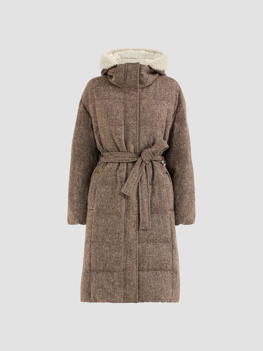 Brunello Cucinelli Women's Virgin Wool Donegal Down Coat with Shearling Inserts and Monili - Brown - Size 4