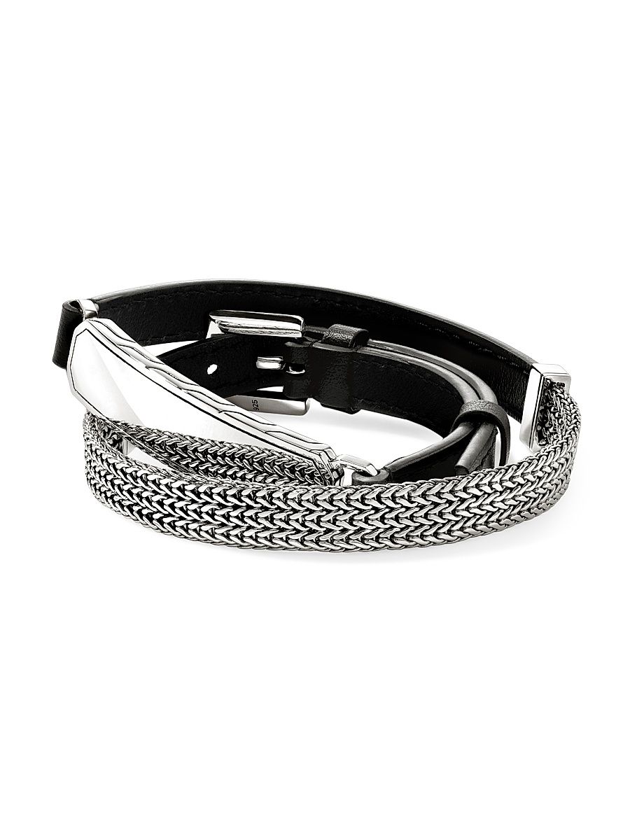 Men's ID Sterling Silver & Leather Wrap Bracelet - Silver - Size Medium