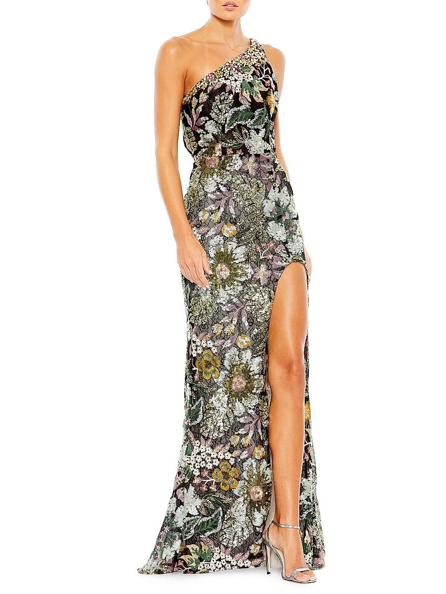 Women's Floral Sequin-Embroidered One-Shoulder Gown - Black Multi - Size 6
