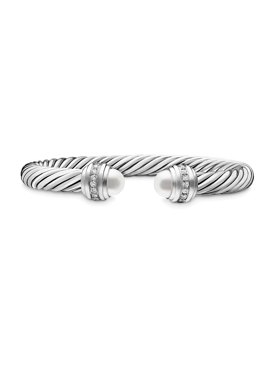 Women's Classic Cable Bracelet in Sterling Silver - Pearl - Size XL