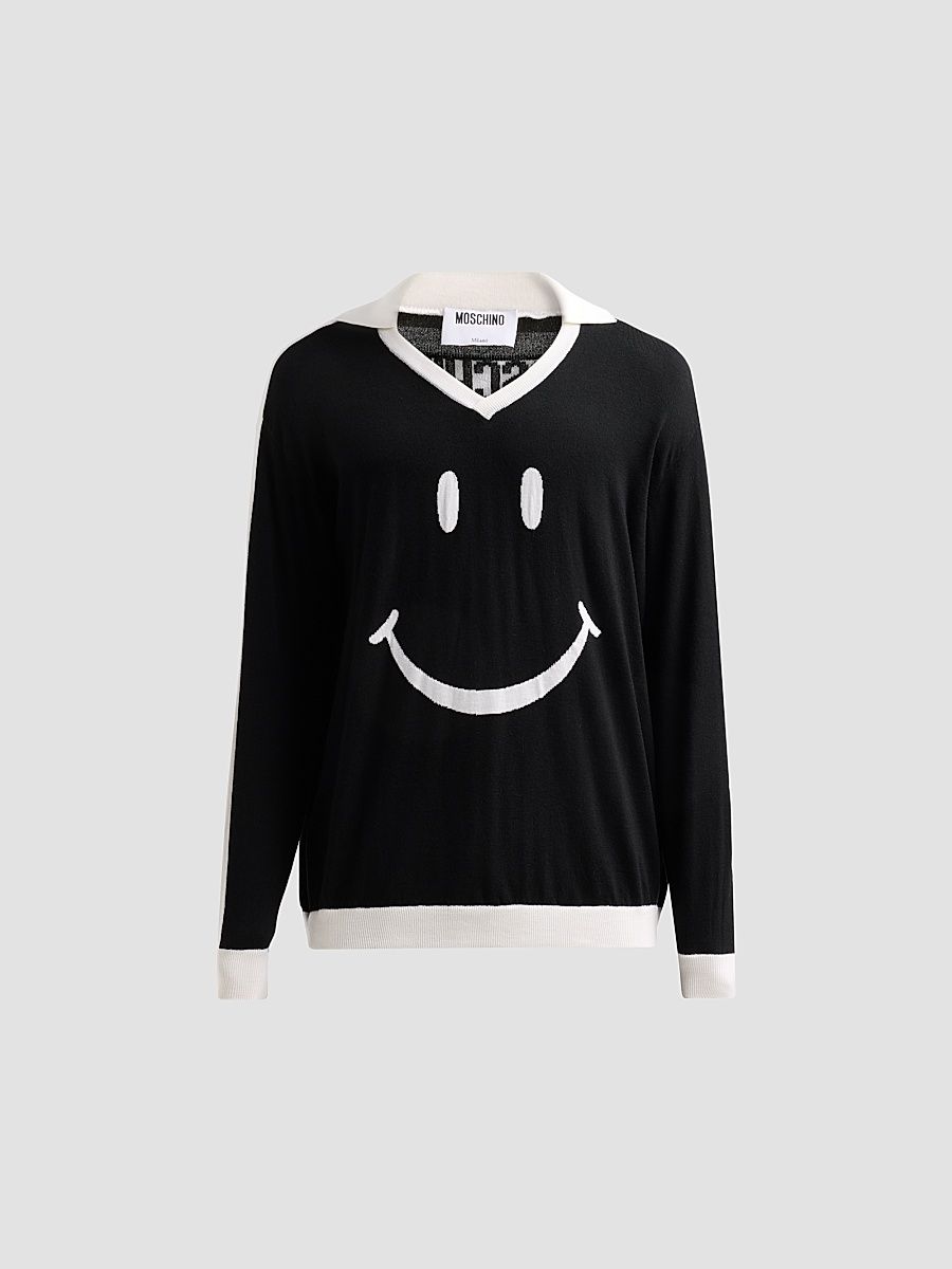 Men's Smiley Knitted Wool Sweater - Black - Size 44