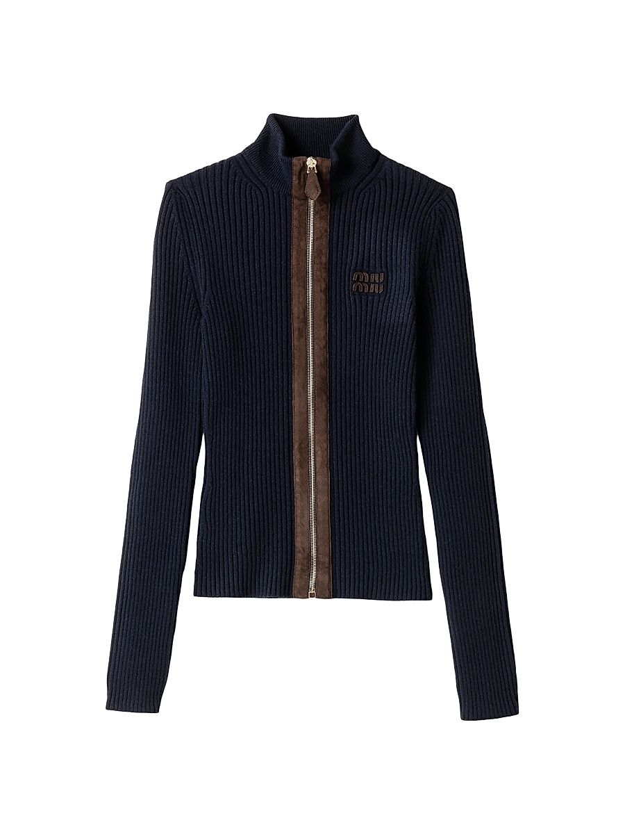 Women's Cashmere and Leather Zipper Cardigan - Blue - Size 6