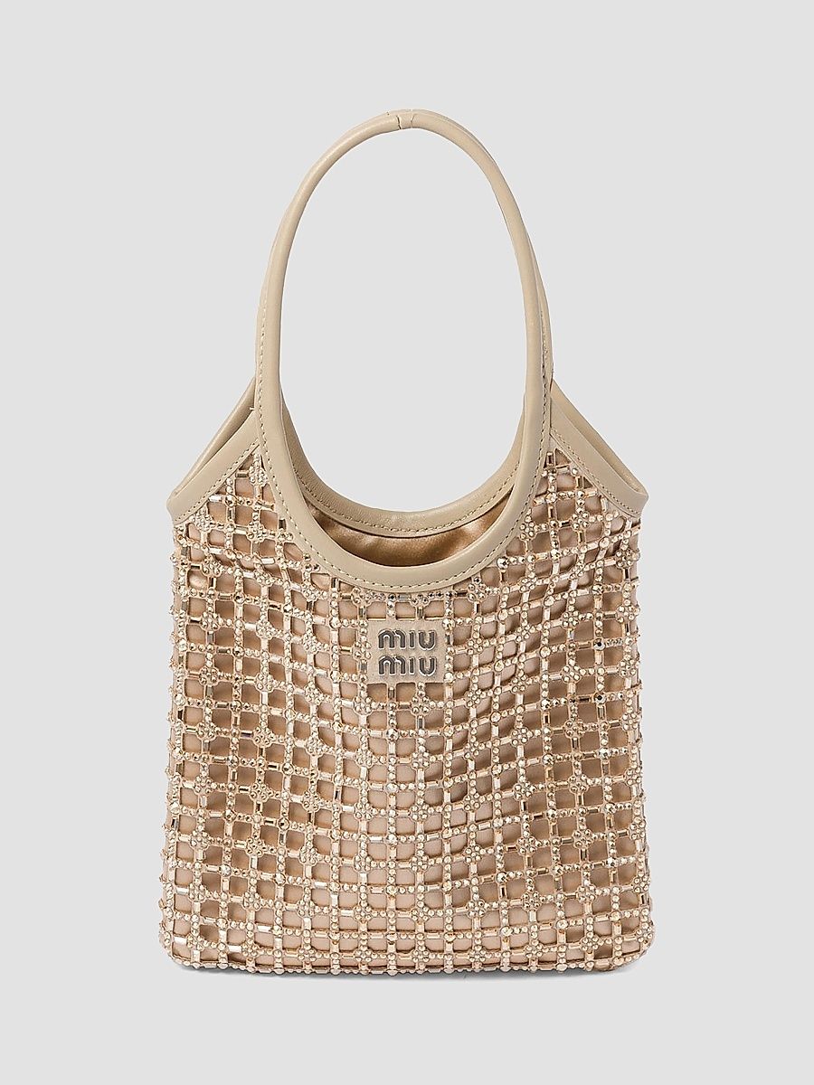 Miu Miu Women's Ivy Satin Top-Handle Bag with Synthetic Crystals - Beige Khaki