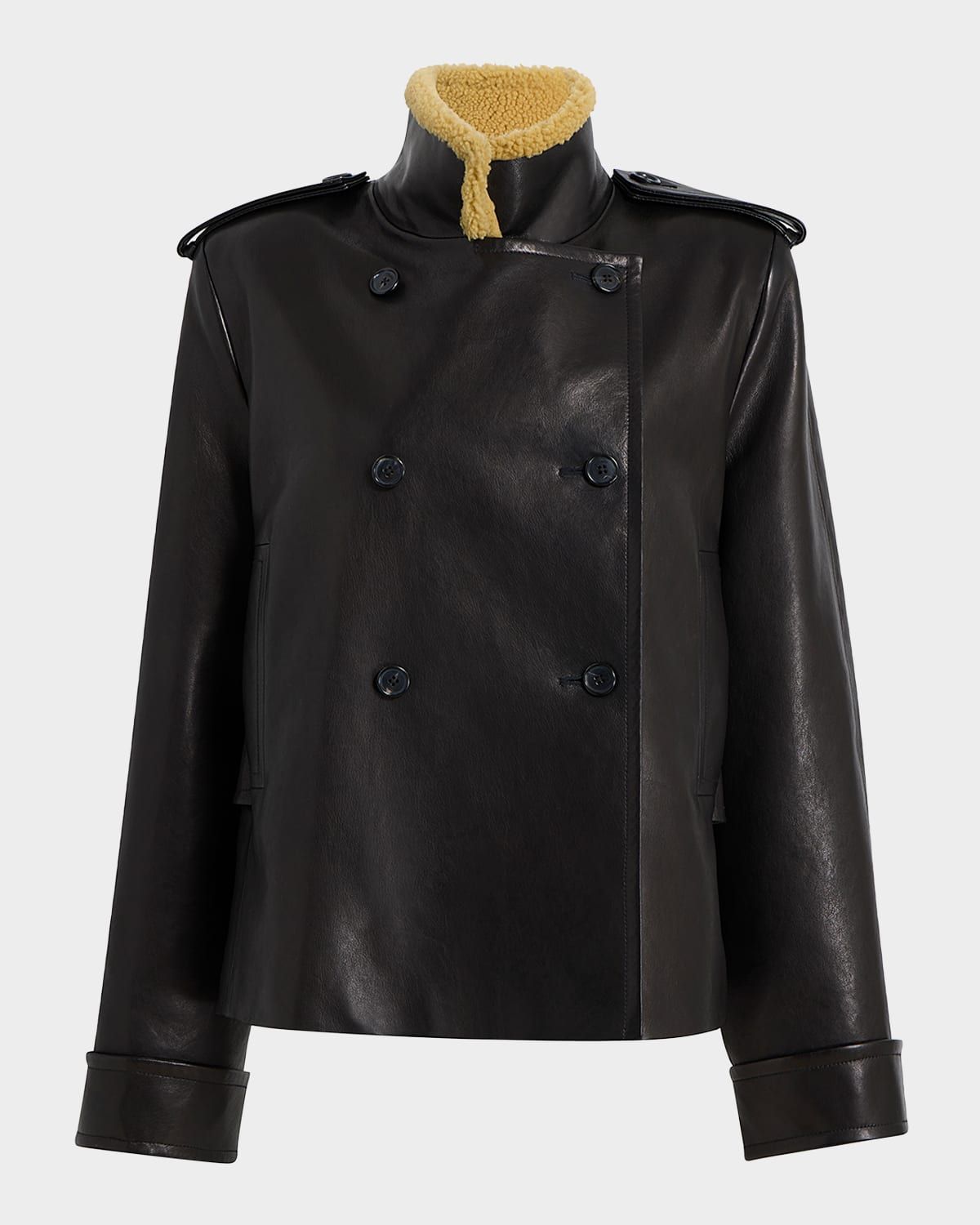 Dean Leather Double-Breasted Jacket With Lamb Shearling Collar