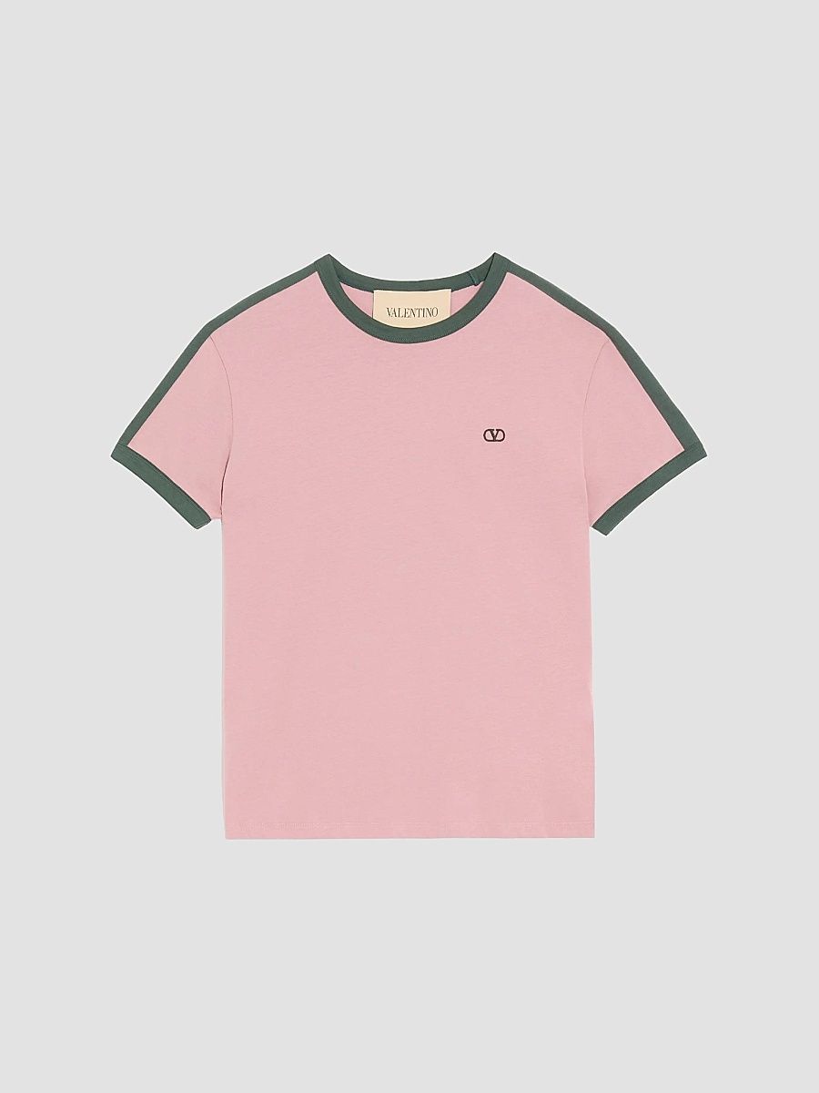 Men's Cotton T-Shirt with Crewneck with VLogo Embroidery - Pink Green - Size XXXL