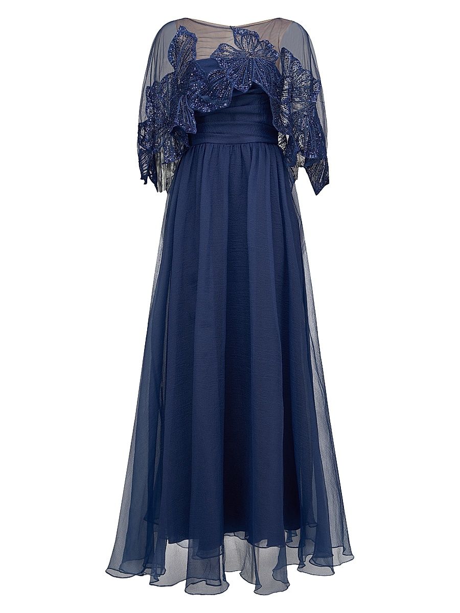Women's Ginny Embellished Organza Capelet Gown - Navy - Size 12