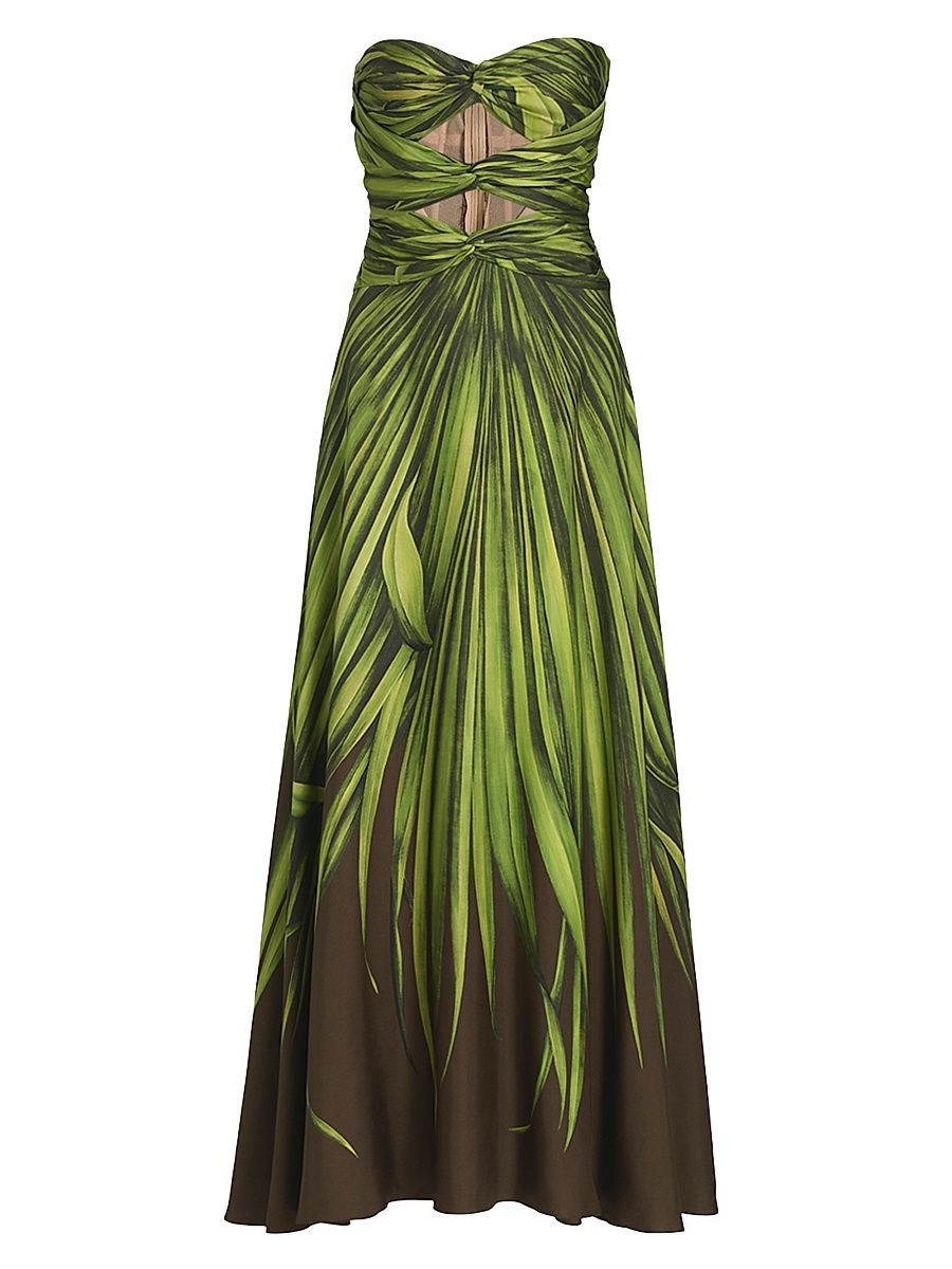 Women's Strapless Palm Print Silk Cut-Out Gown - Green Brown - Size 2