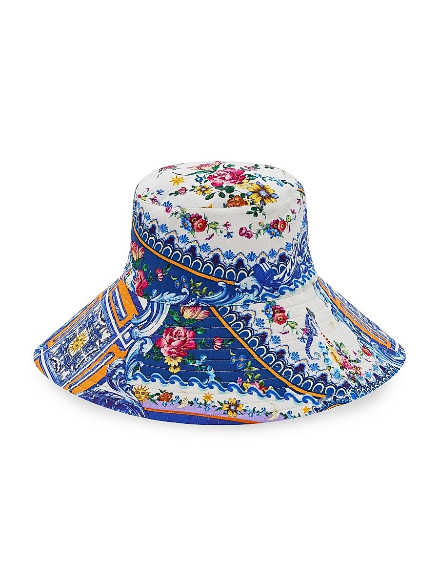 Women's Tiles Darls Floral Cotton Wide-Brim Bucket Hat - White Blue Multi