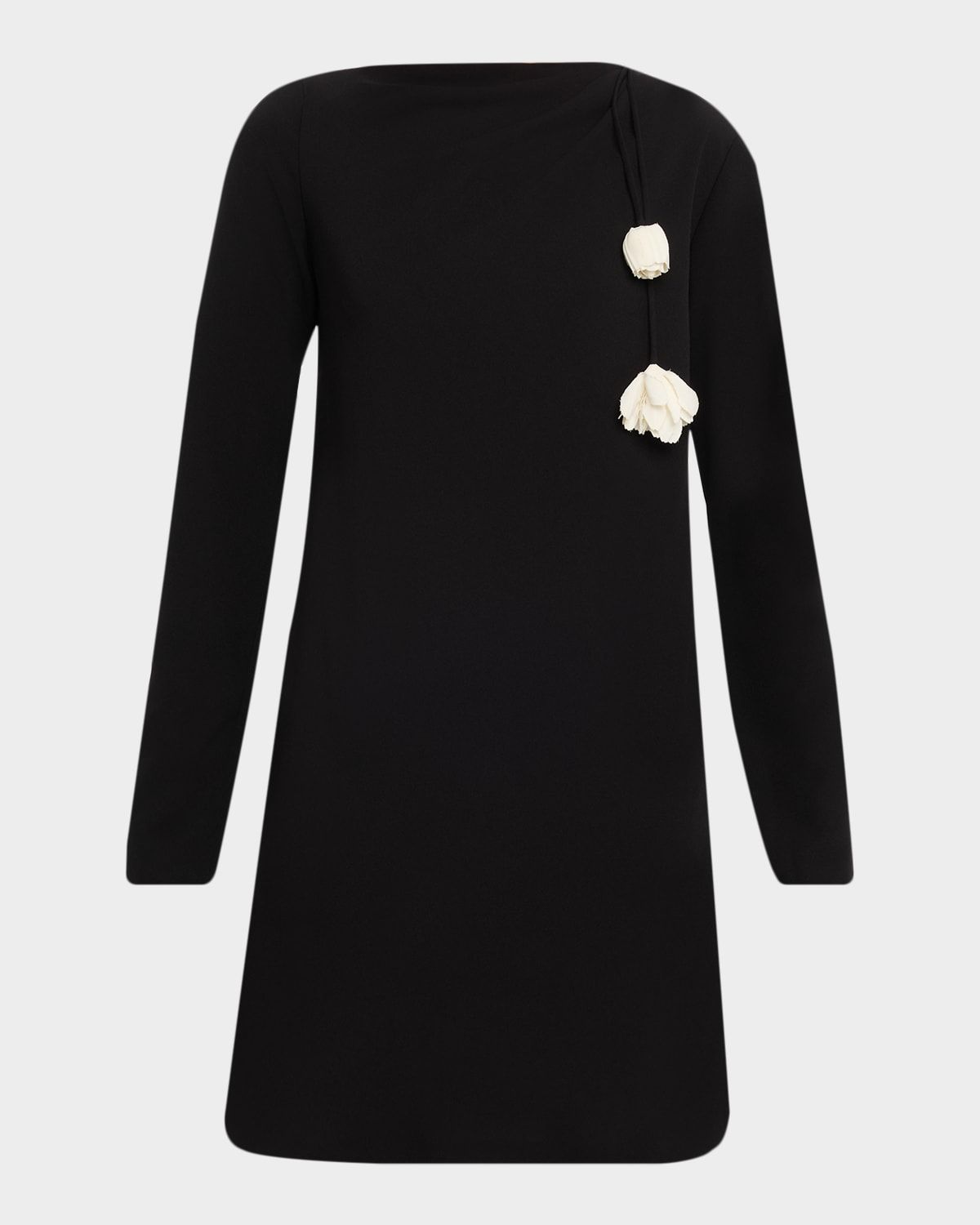 Flower Applique Long-Sleeve Fluid Crepe Mini Dress