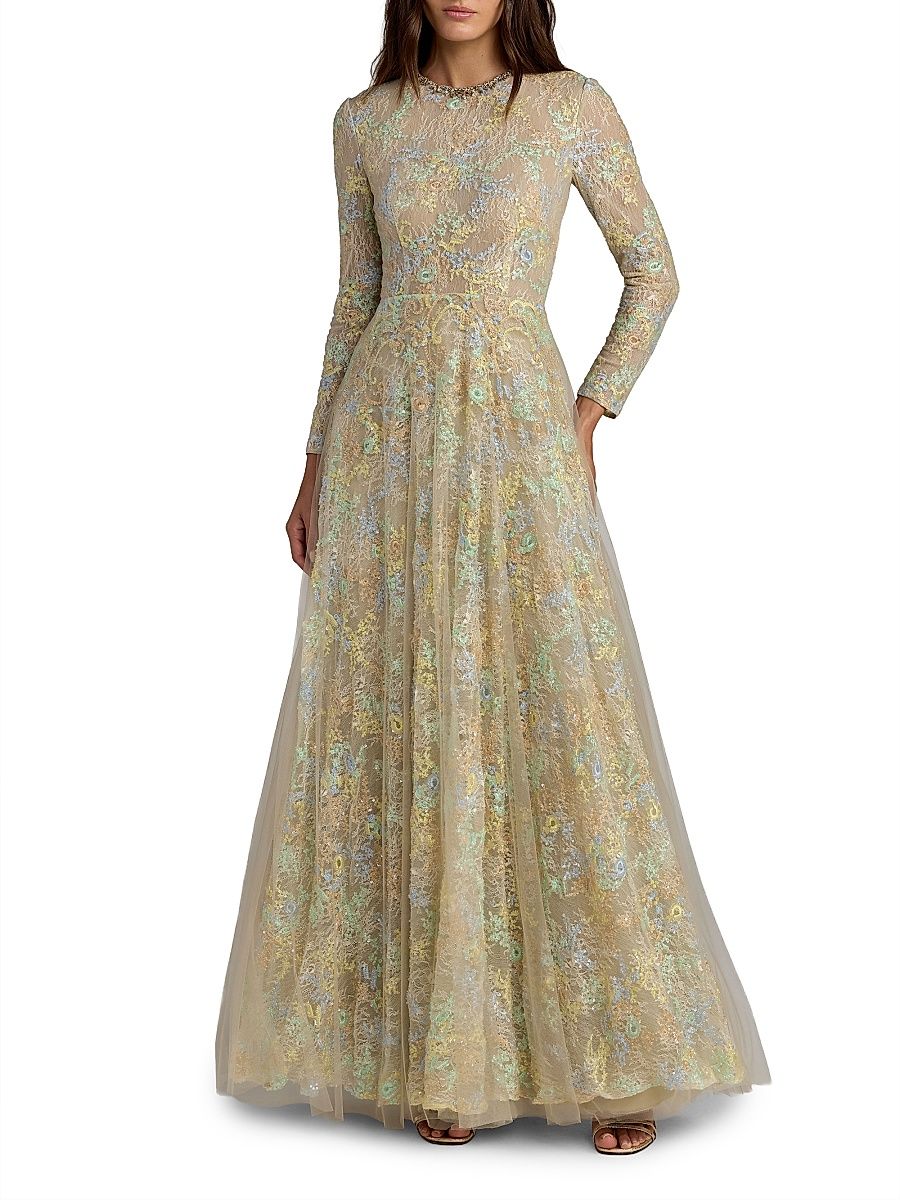Women's Embroidered Lace Fit-&-Flare Gown - Beige Multi - Size 18