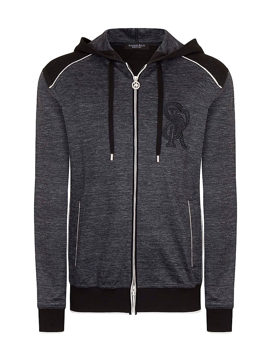 Men's Hooded Full Zip Sweater - Dark Grey - Size 52