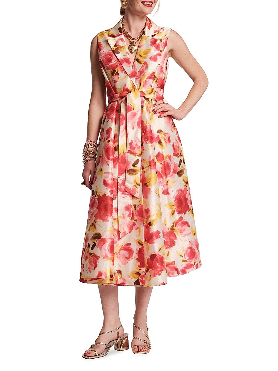 Women's Lucia Floral Tie-Waist Midi-Dress - Oyster Pink Multi - Size XL