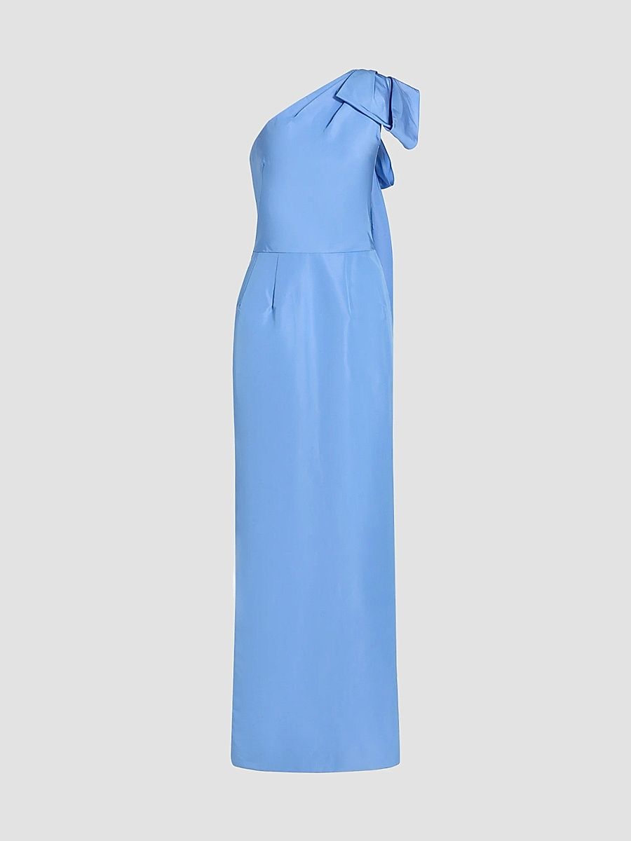 Women's Silk One-Shoulder Bow-Accented Column Gown - Twilight - Size 12