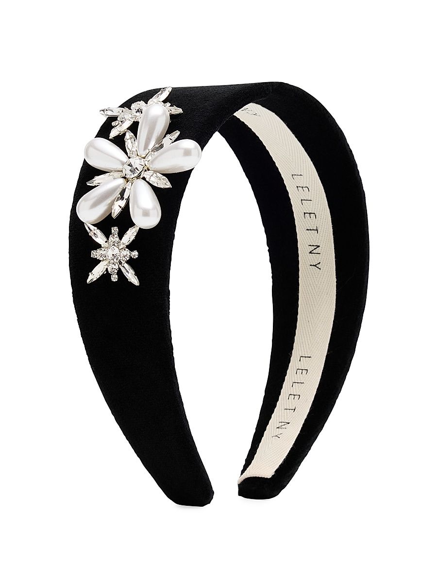 Women's Annie Crystal & Imitation-Pearl Embellished Velvet Wide Headband - Black