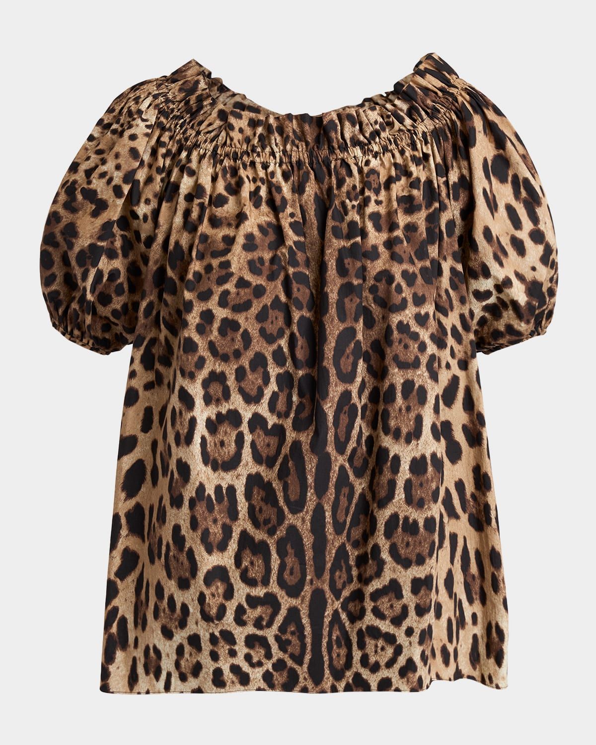 Leopard-Print Cotton Puff-Sleeve Blouse