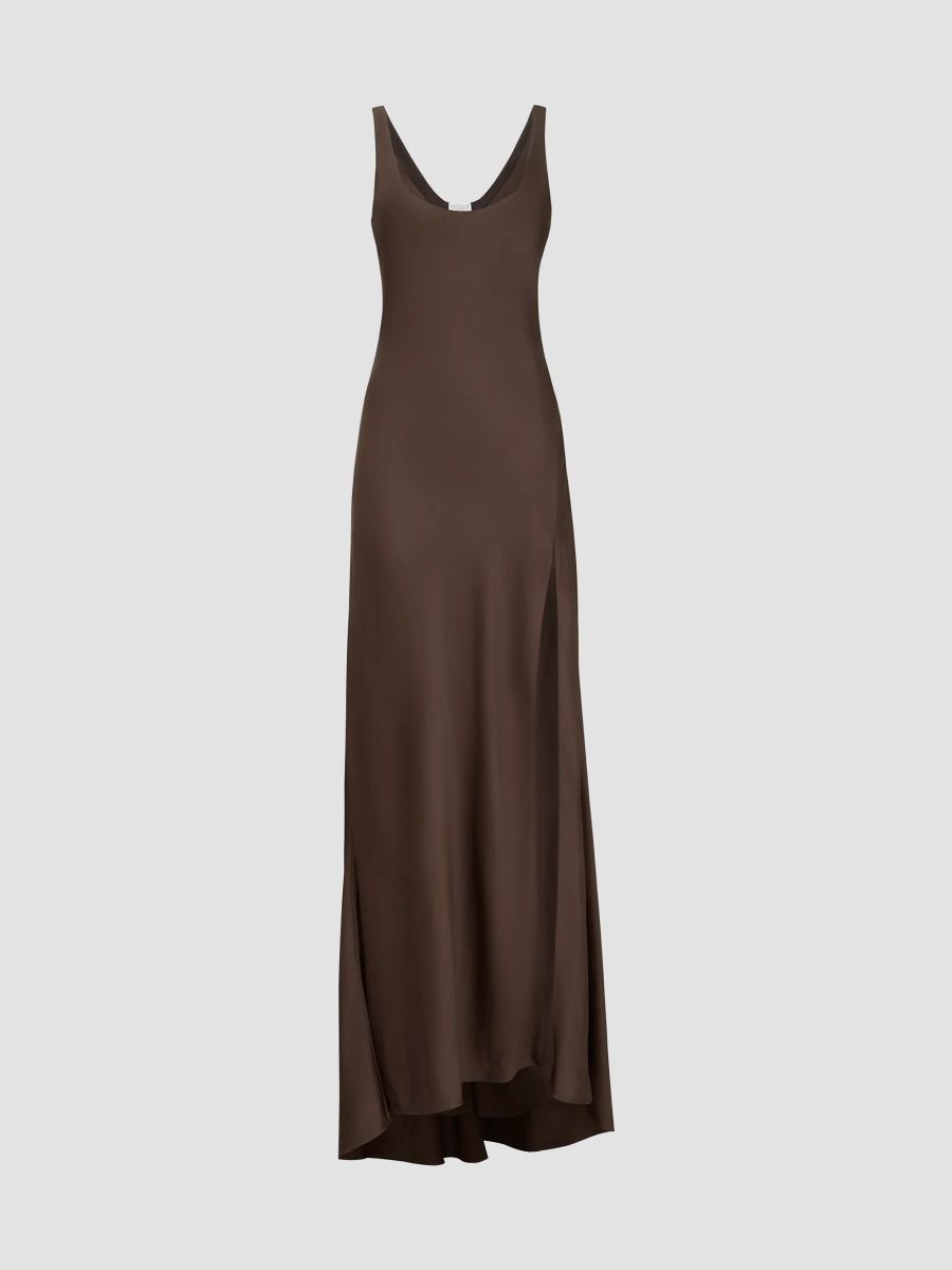 Brunello Cucinelli Women's Stretch Silk Satin Long Dress - Pine Cone Brown - Size XXXL