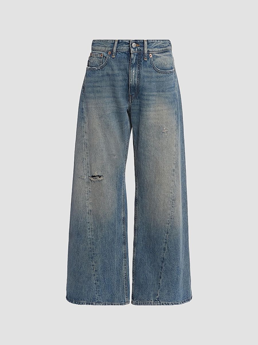 Women's Exposed-Seam Distressed Wide-Leg Jeans - Dark Blue - Size 27