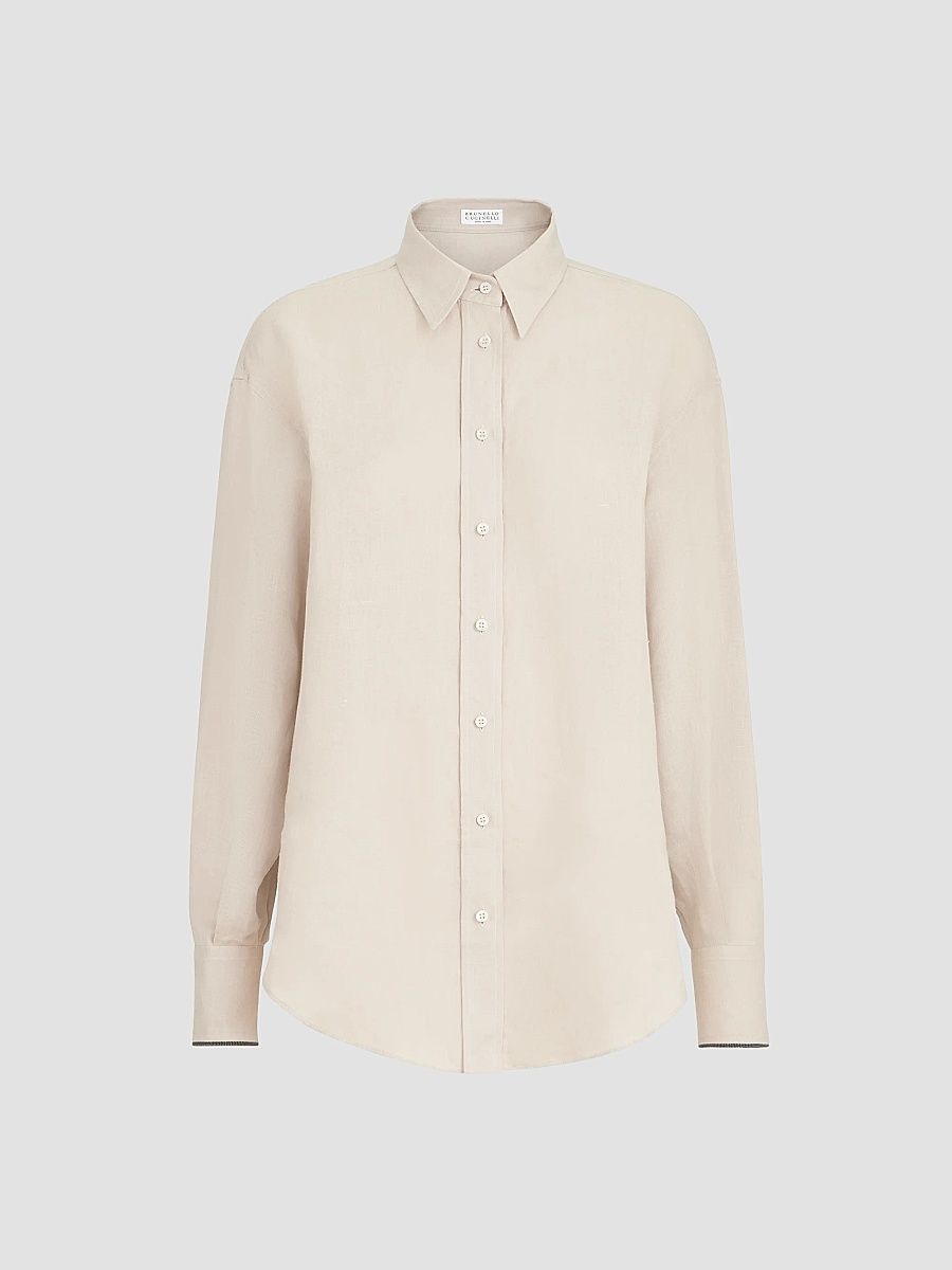 Brunello Cucinelli Women's Linen Shirt with Monili - Beige - Size XXL