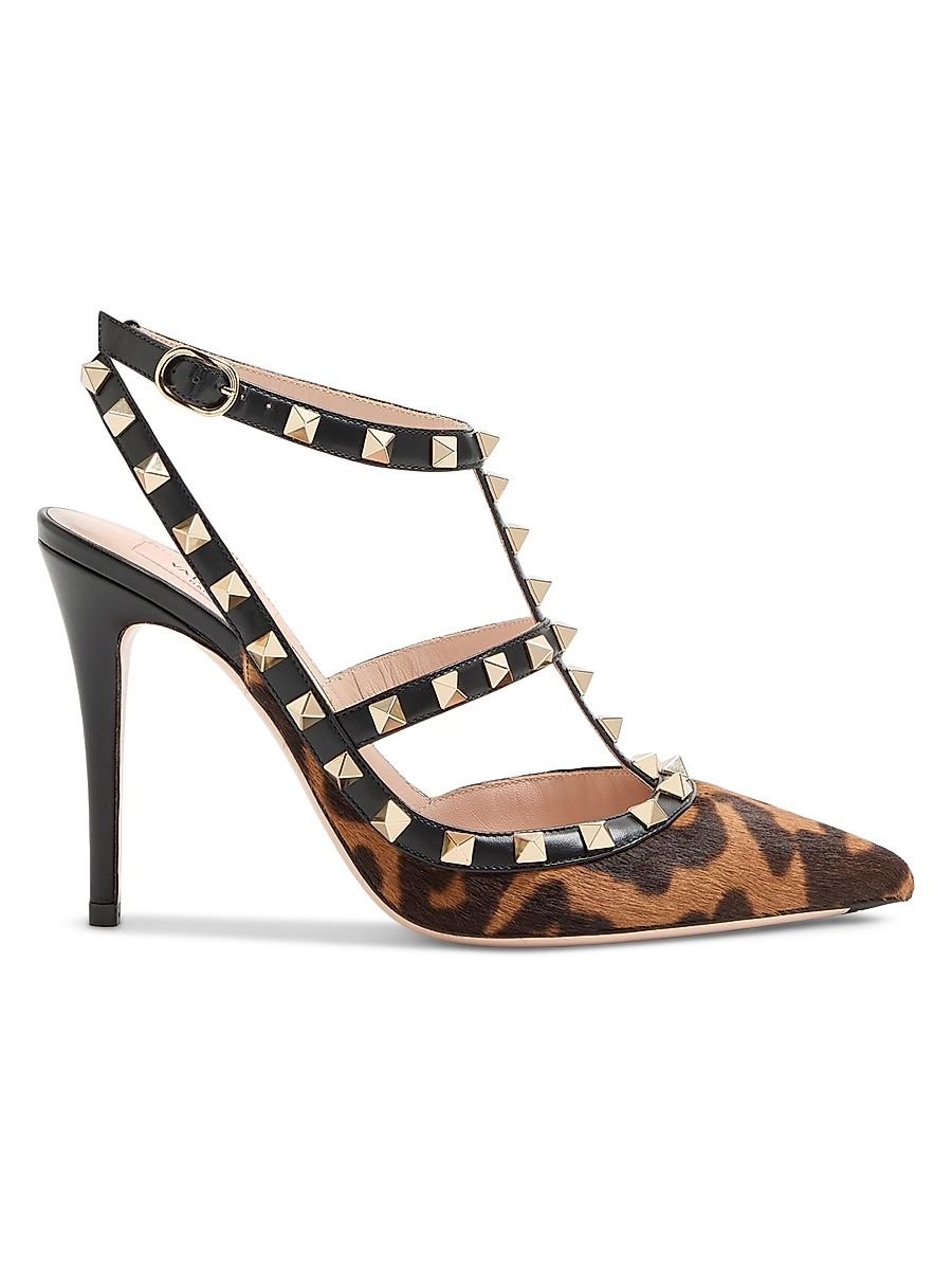 Women's Rockstud 100MM Pump with Straps in Pony-Effect Calfskin - Animal Print - Size 11