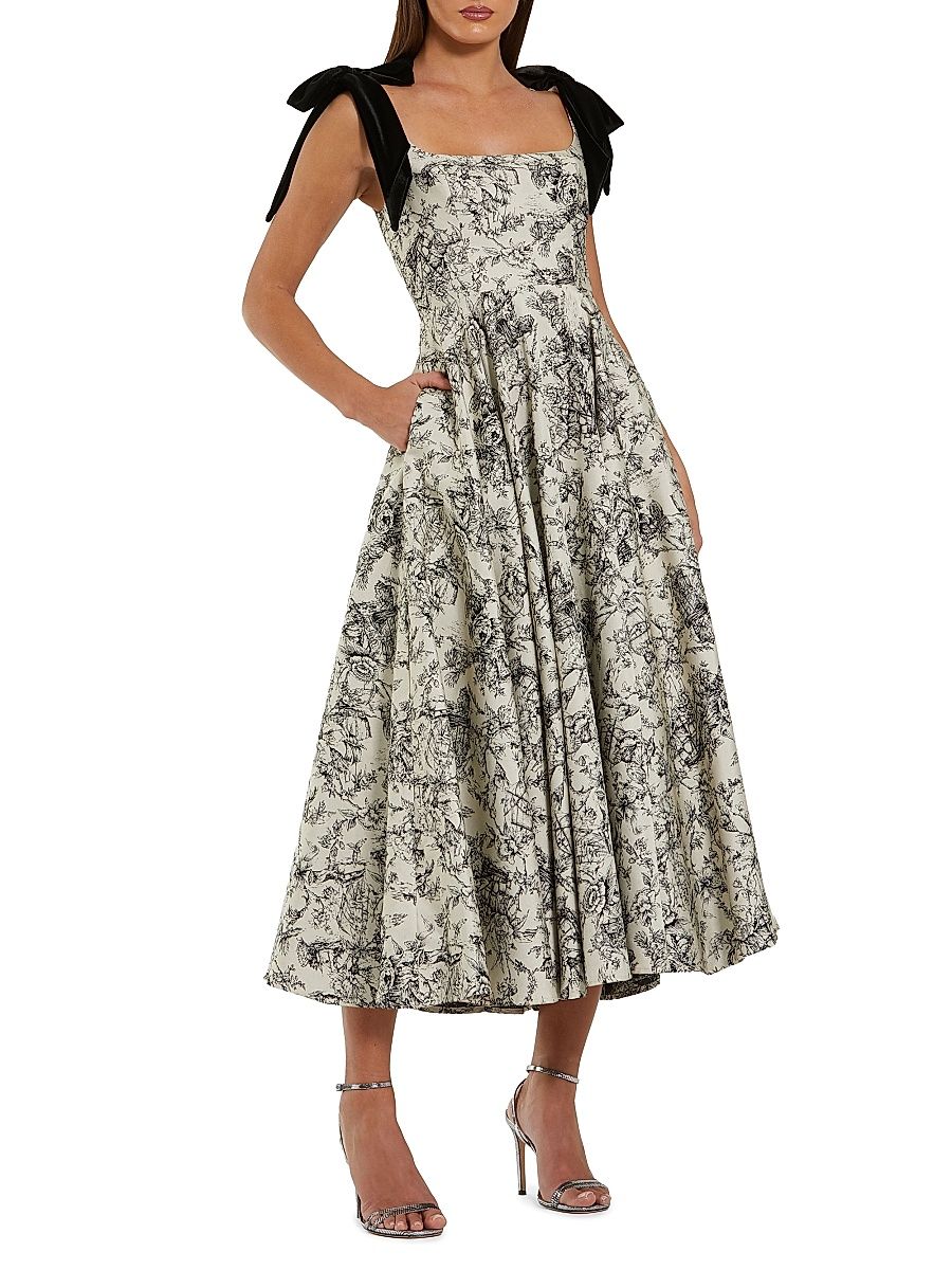 Women's Brocade Bow A-Line Midi-Dress - Black Multi - Size 14