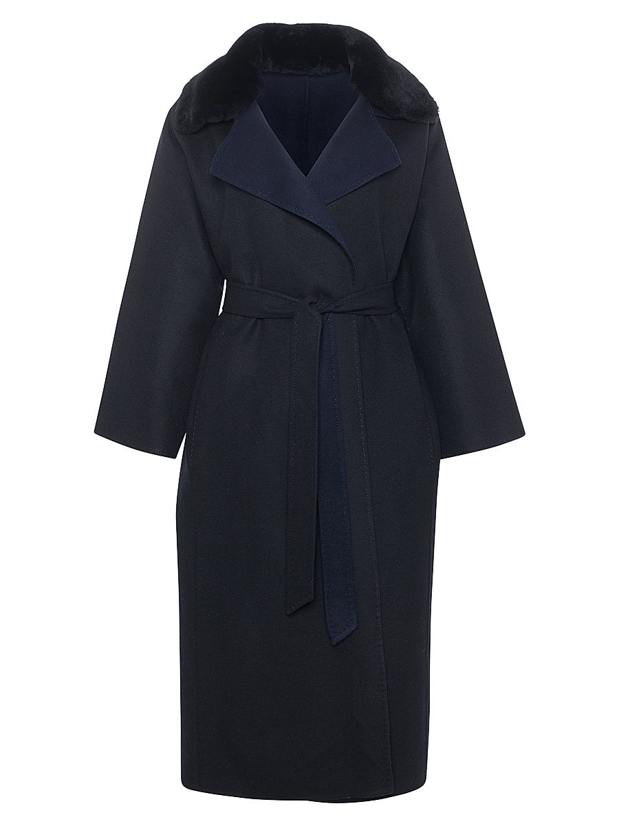 Women's Reversible Loro Piana Wool Coat with Detachable Select Shearling Lamb Collar, Belt - Black Multi - Size Small